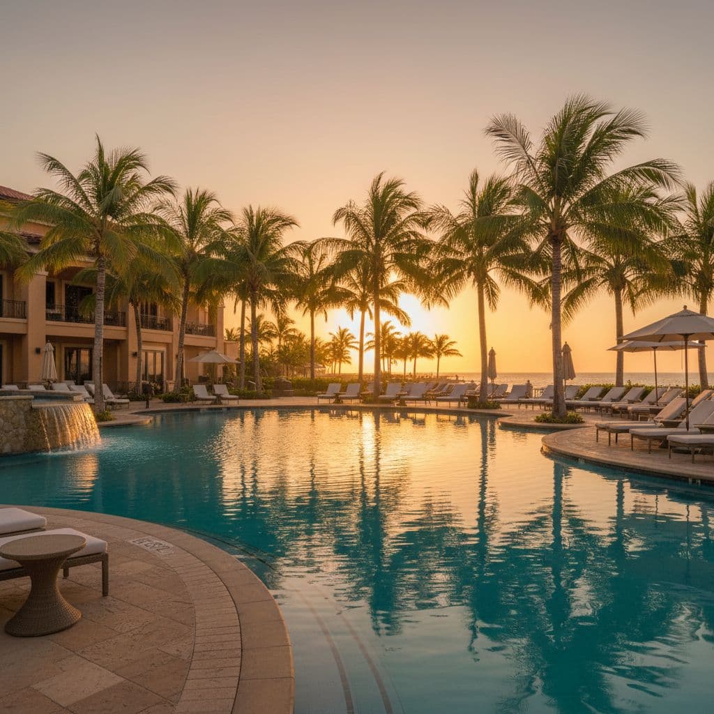 A tranquil swimming pool at a resort is framed by palm trees under warm golden hour light.