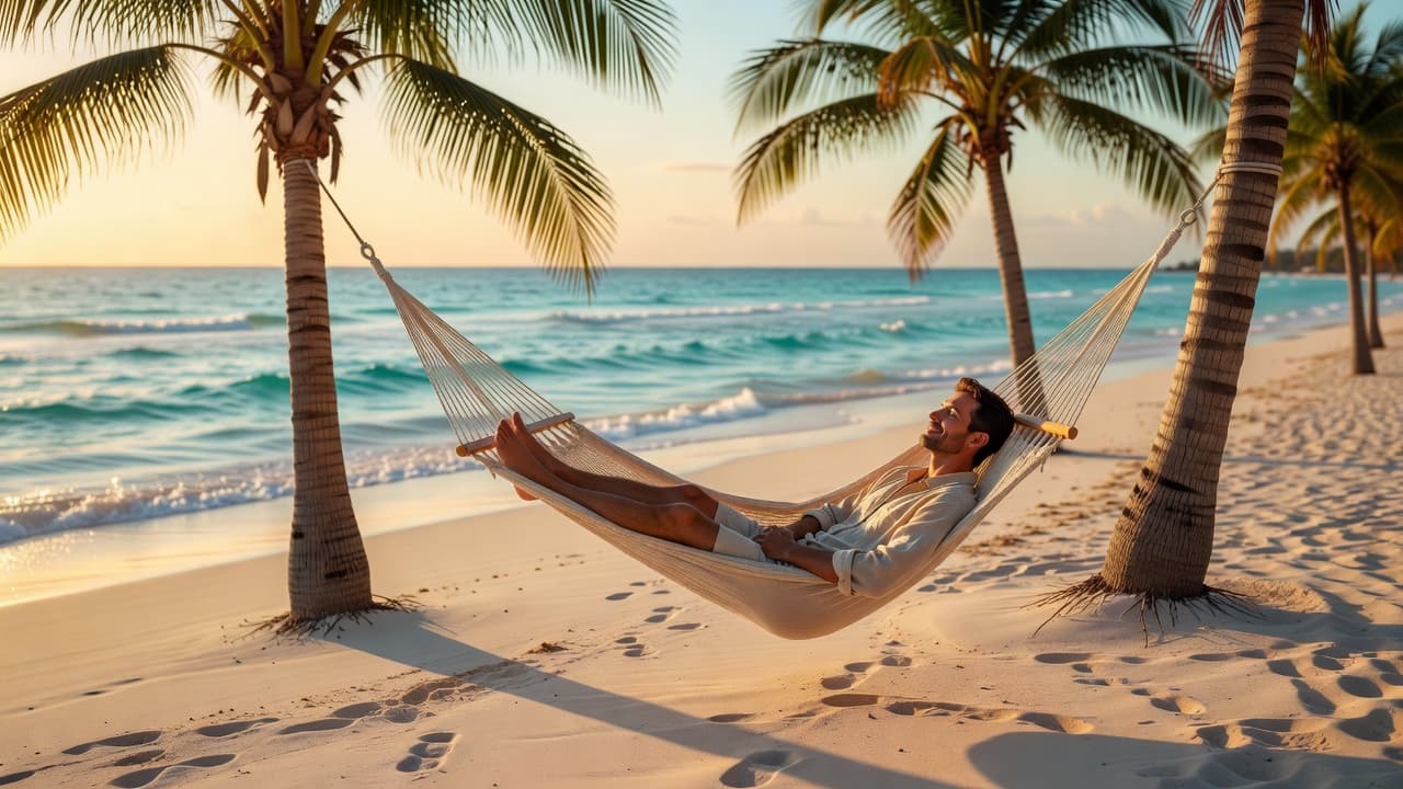 A person rests in a woven hammock strung between two palm trees on white sand. Behind them, turquoise waves lap the shore under the warm glow of the golden hour sun.