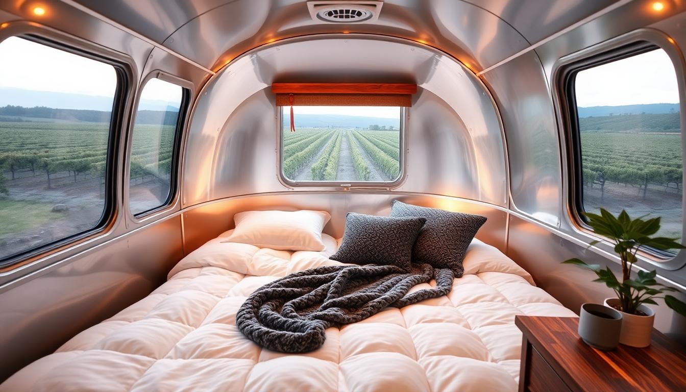Cozy interior of a retro silver Airstream trailer with plush queen bed, vineyard view, and warm lighting.