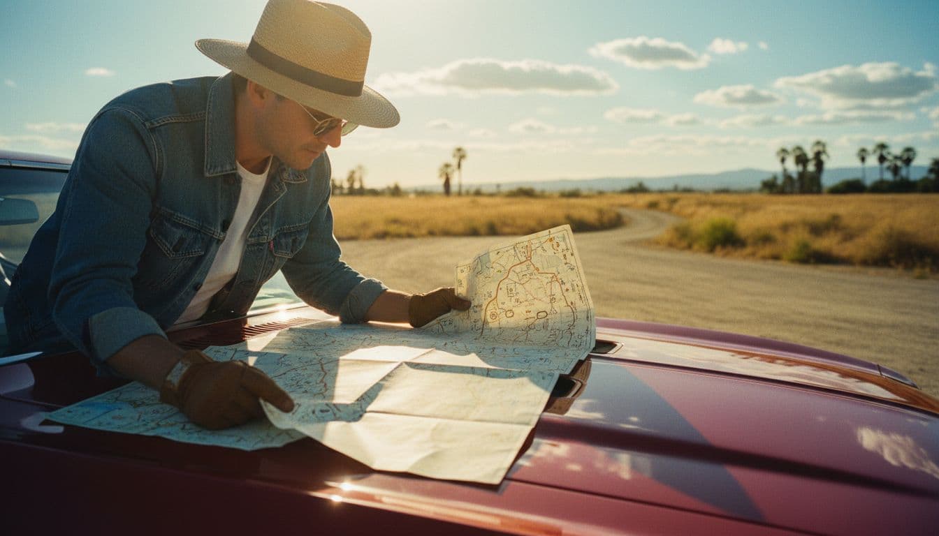 Person examines paper road map on vintage car hood under sunny summer sky.