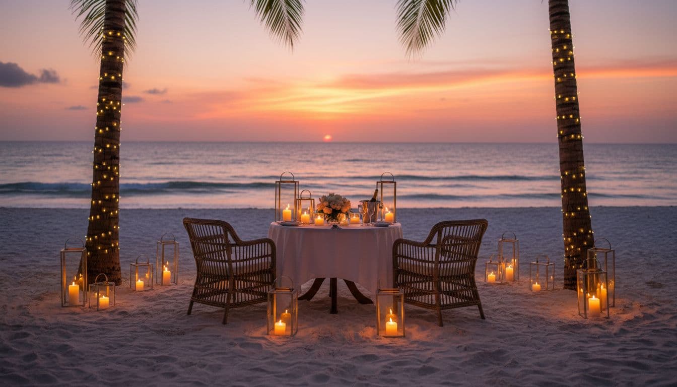 Two elegant chairs face a small wooden table draped in white fabric on a sandy beach with flickering candles and soft floral arrangements creating warm glow against calm ocean sunset.