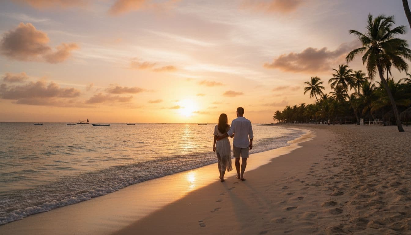 A couple walks along the sandy shore of Punta Cana during a warm golden sunset.