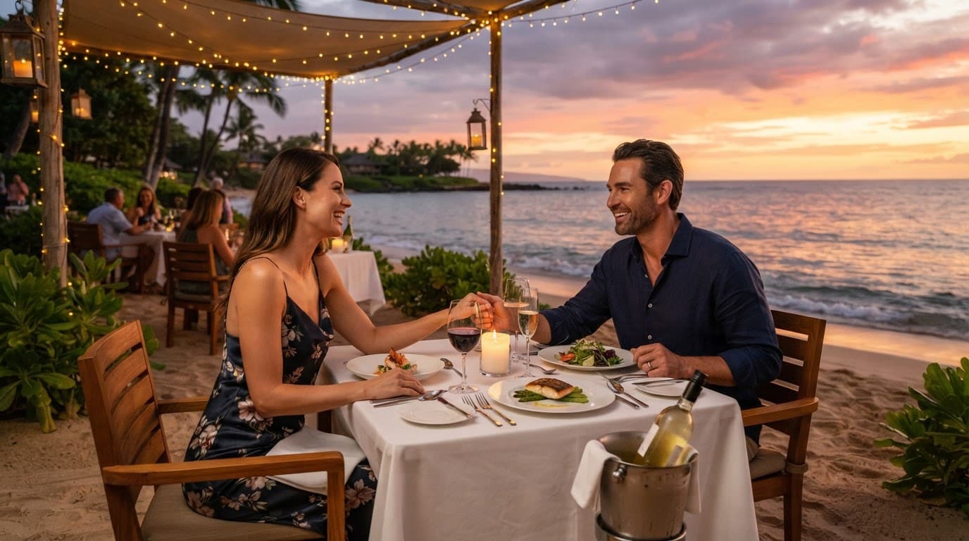 A couple enjoys dinner beside the ocean at sunset with wine and warm string lights.