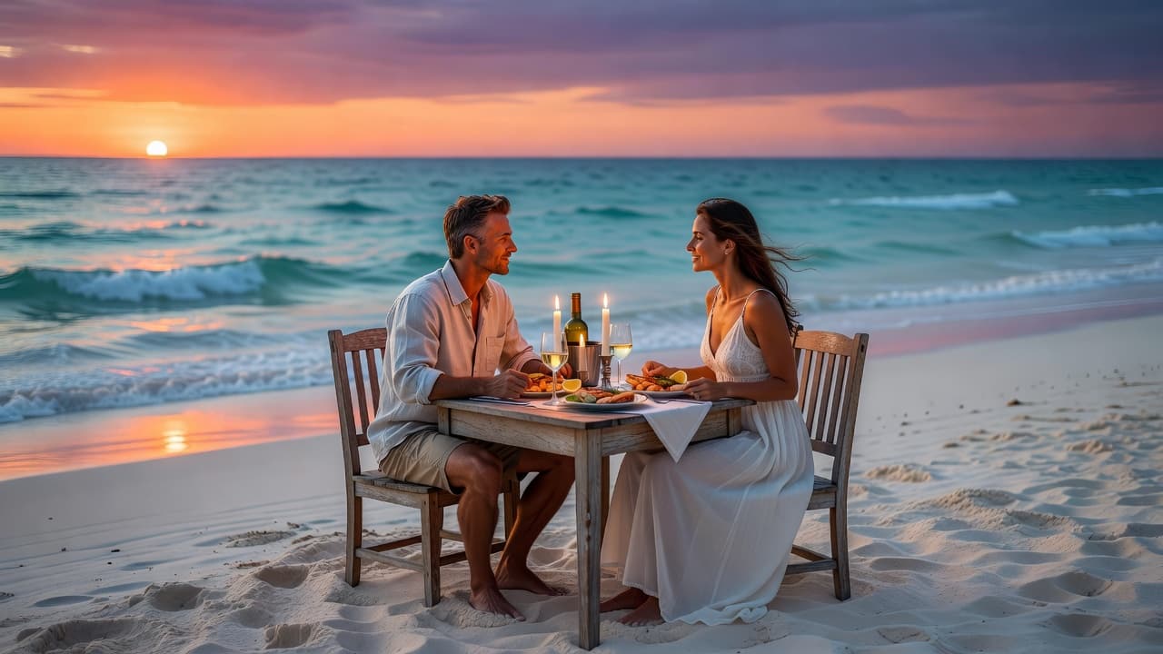 A couple sits at a small table draped in white linen on the sand. Flickering candles illuminate their faces as soft sunset light glows over the turquoise waves in the background.