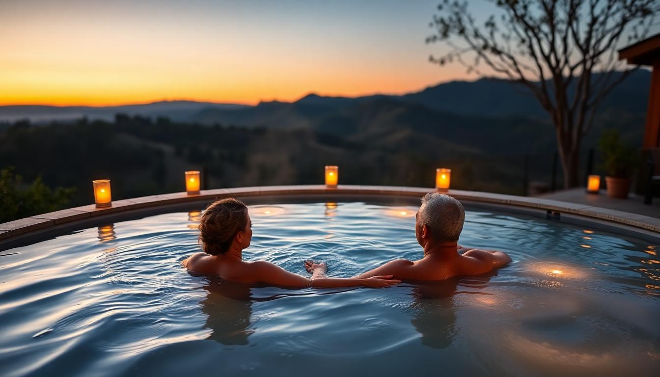 A couple soaking in a private mineral hot spring pool at dusk, lanterns glowing, vineyard hills in the background. Image created with AI, representing romantic affordable spa resorts Napa 2025.