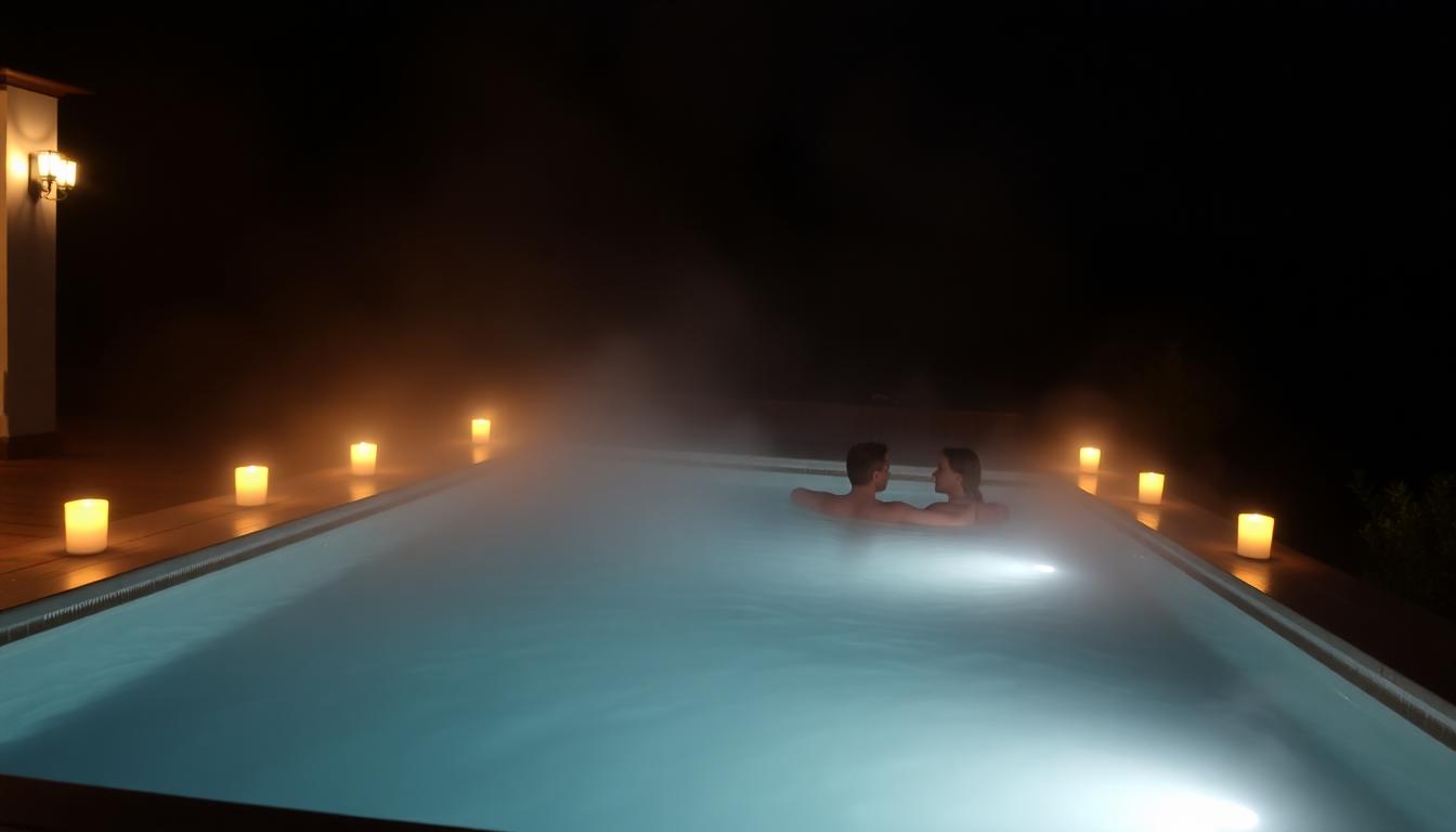 A private mineral hot spring pool at a Calistoga resort at night, candles along the edge, steam rising, and a couple soaking together. Romantic spa atmosphere. Image created with AI, representing romantic affordable spa resorts Napa 2025.