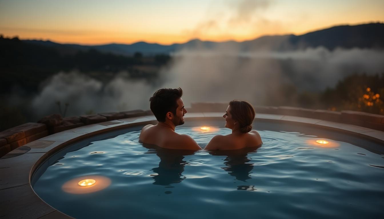 A romantic couple soaking together in a private mineral hot spring pool at dusk, surrounded by vineyard hills and stone paths in Calistoga. Image generated by AI, representing romantic affordable spa resorts Napa 2025.