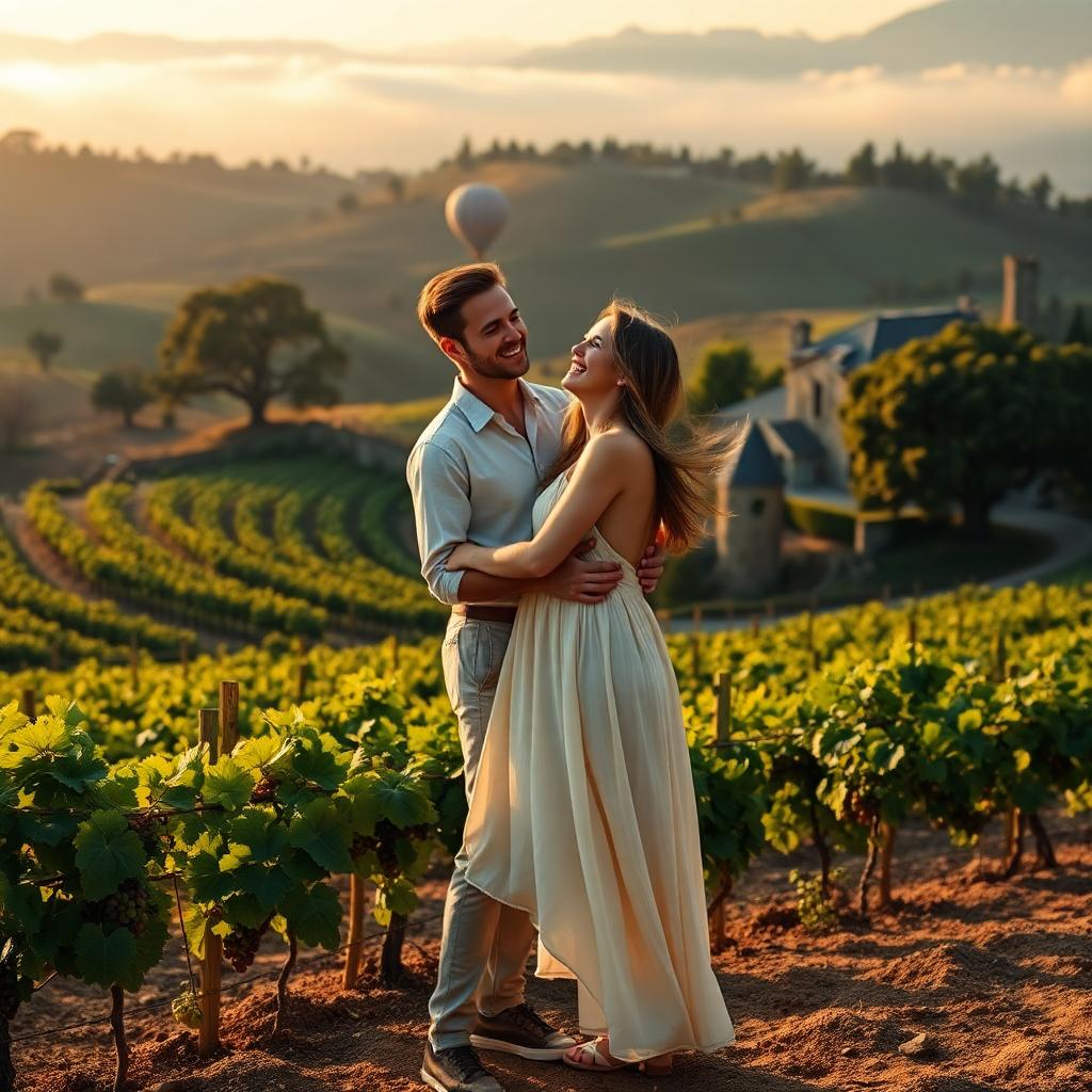 Romantic couple enjoying a sunset in Napa Valley vineyards, showcasing romantic affordable spa resorts Napa 2025