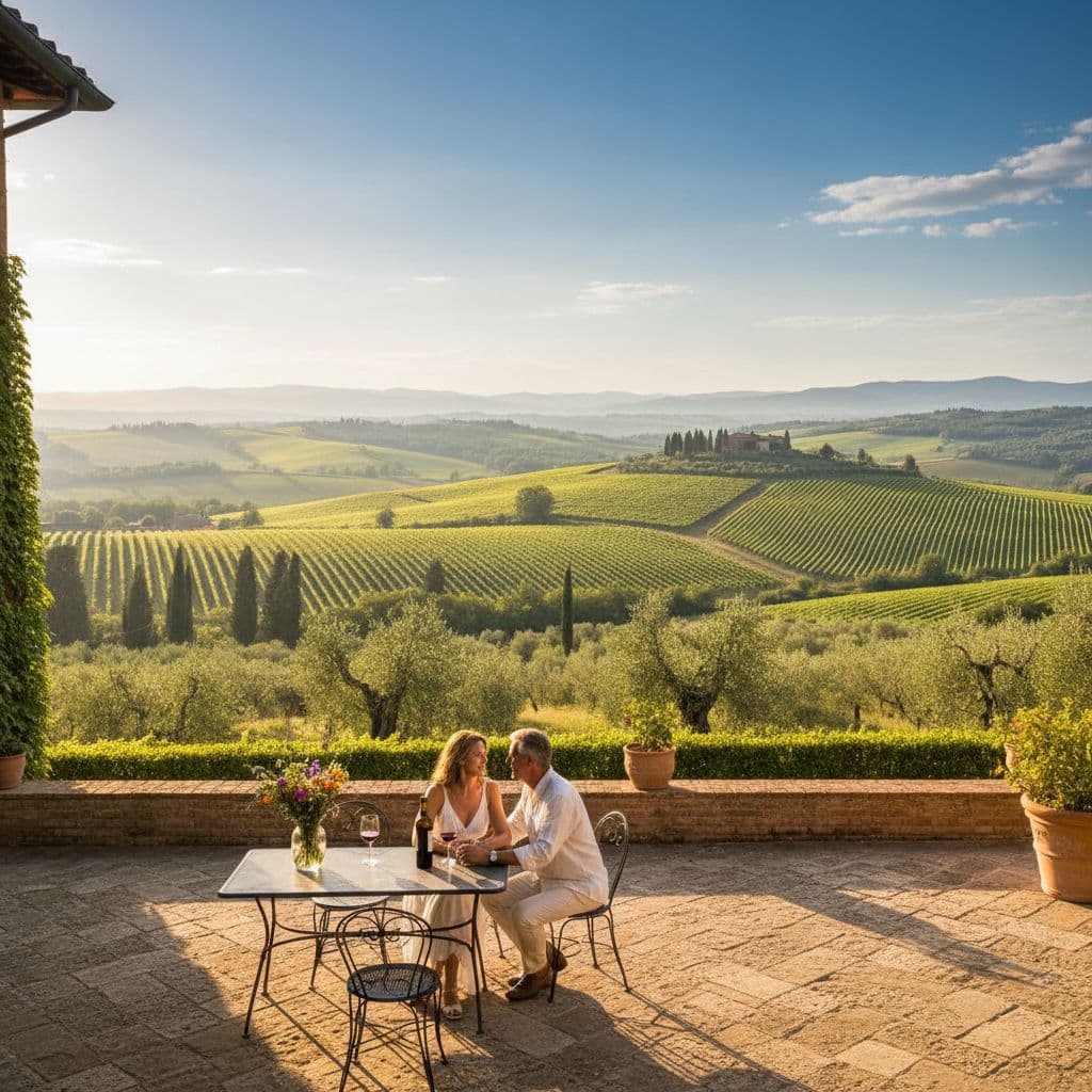Romantic couple on a terrace at a Tuscan villa overlooking vineyards in Chianti, Italy