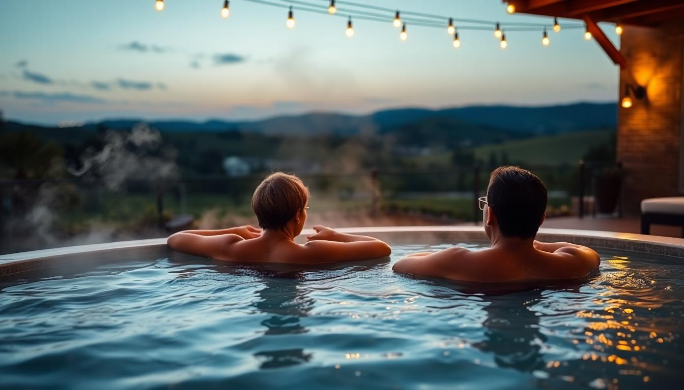 A couple soaking in an outdoor mineral hot spring pool at dusk, surrounded by vineyard hills in Napa Valley, with string lights and a cozy, boutique resort ambiance. Image created with AI, representing romantic affordable spa resorts Napa 2025.