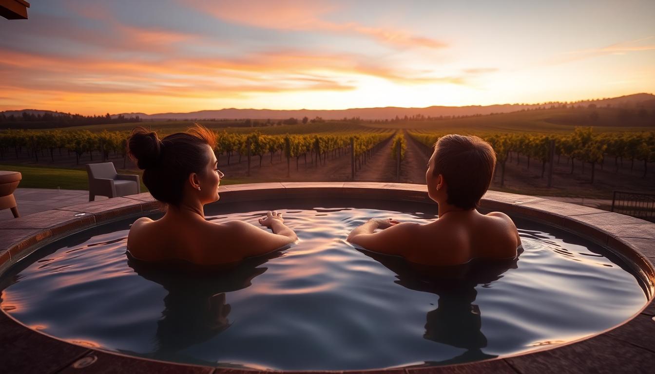 Two people soaking in a private mineral hot spring pool at sunset, surrounded by Napa Valley vineyards. The spa atmosphere is tranquil and romantic. Image created with AI, representing romantic affordable spa resorts Napa 2025.