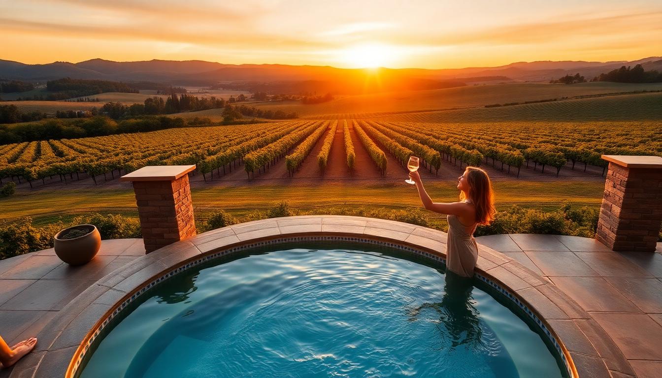 Sunset over a Napa Valley spa terrace, couple toasting with wine over a private plunge pool. Image created with AI, representing romantic affordable spa resorts Napa 2025.