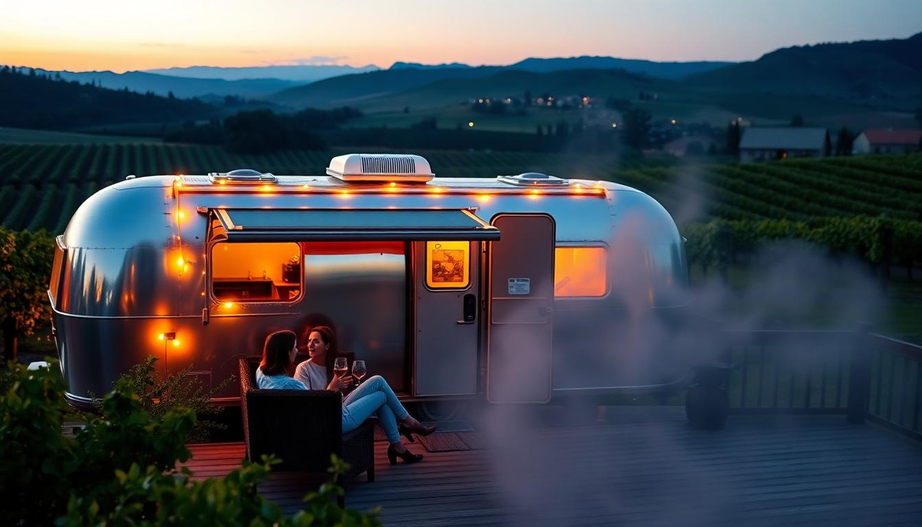 A romantic Napa Valley scene with a vintage Airstream, string lights, and a couple toasting wine at sunset.