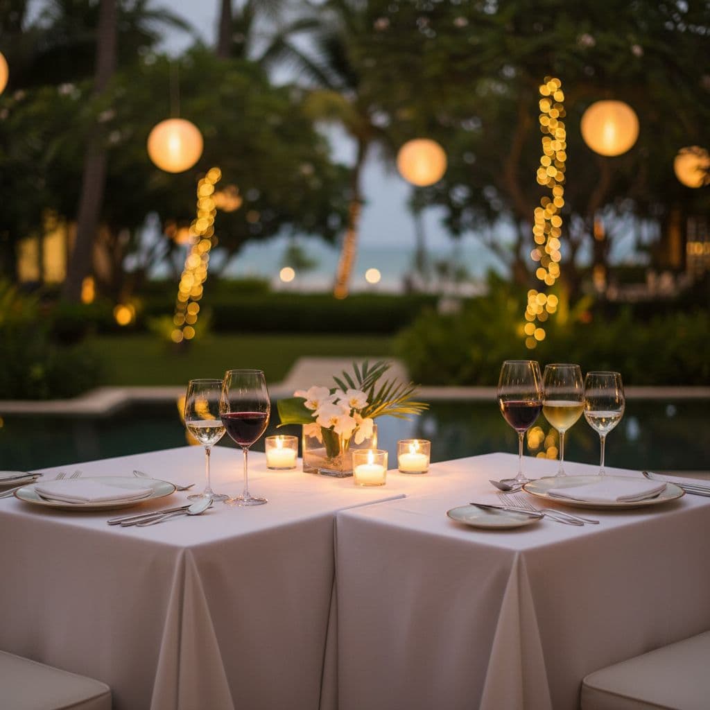 An elegant outdoor table for two set with wine glasses at a luxury tropical resort.