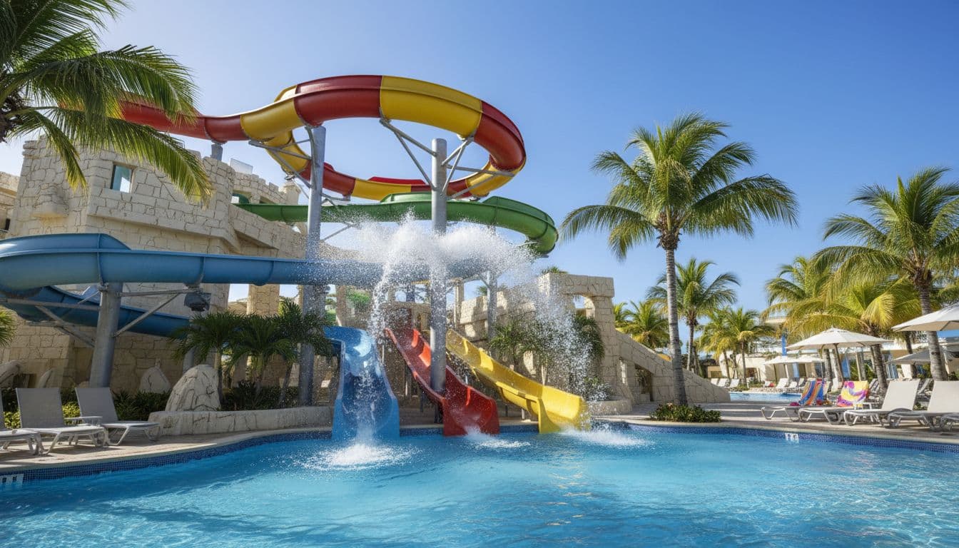 Colorful twisting slides splash into blue pools at Royalton Splash Punta Cana resort, surrounded by tropical palms and loungers on a bright sunny day, dynamic ground-up angle focusing on water features.