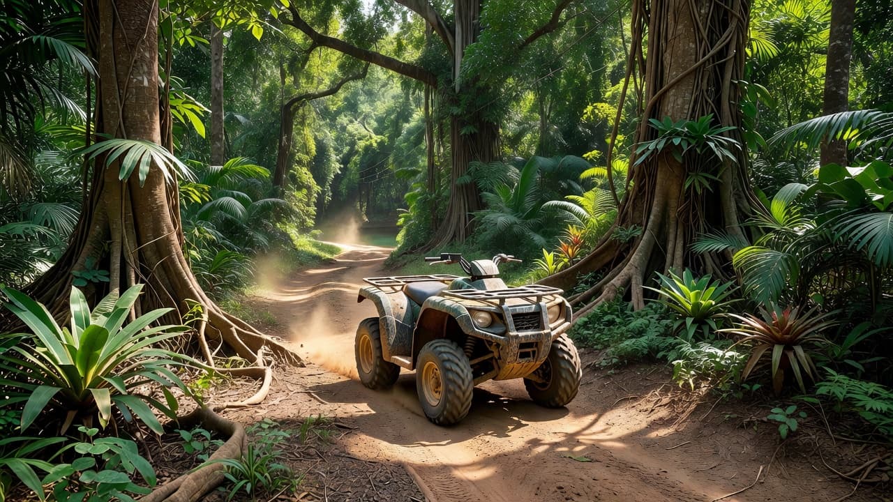 A muddy four-wheeler rests on a narrow dirt path beneath a canopy of vibrant tropical foliage with high sun filtering through thick green leaves.