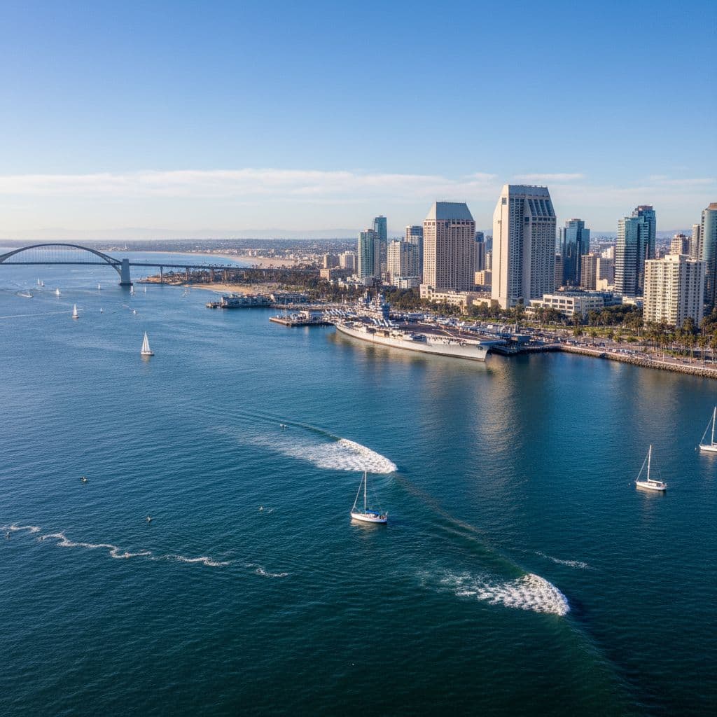 San Diego skyline with sunny coastal view, perfect for mild December family vacations
