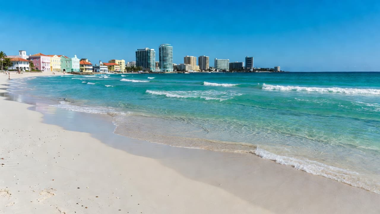 Bright turquoise waves lap against the golden sandy shoreline of San Juan with urban buildings and skyscrapers standing prominently under a clear blue tropical sky.