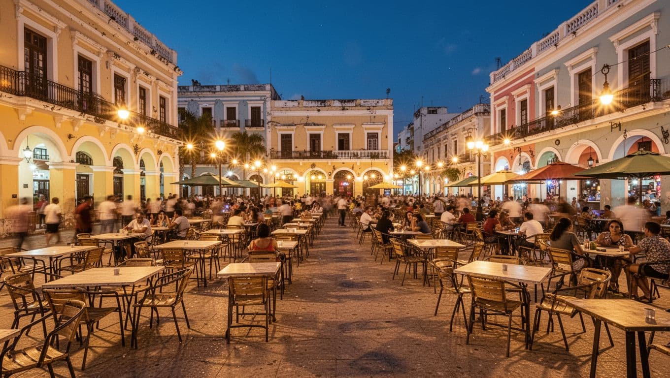 Empty bistro tables and chairs line the cobblestone square of a historic neighborhood with overhead string lights casting a warm golden glow onto colorful building facades.