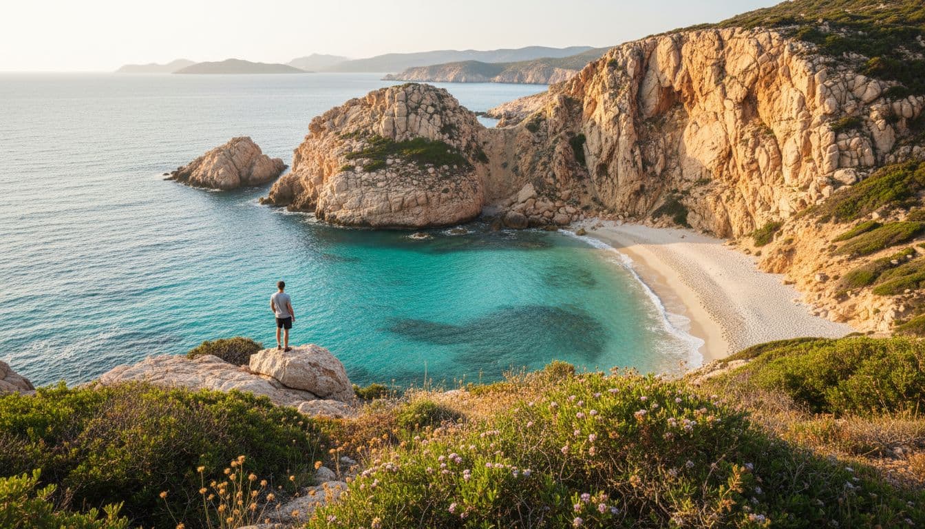 Hidden Sardinian cove with turquoise water under golden light