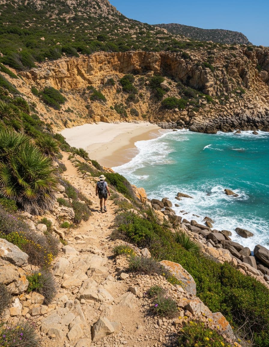 Hiker on a rugged coastal trail above turquoise water in Sardinia