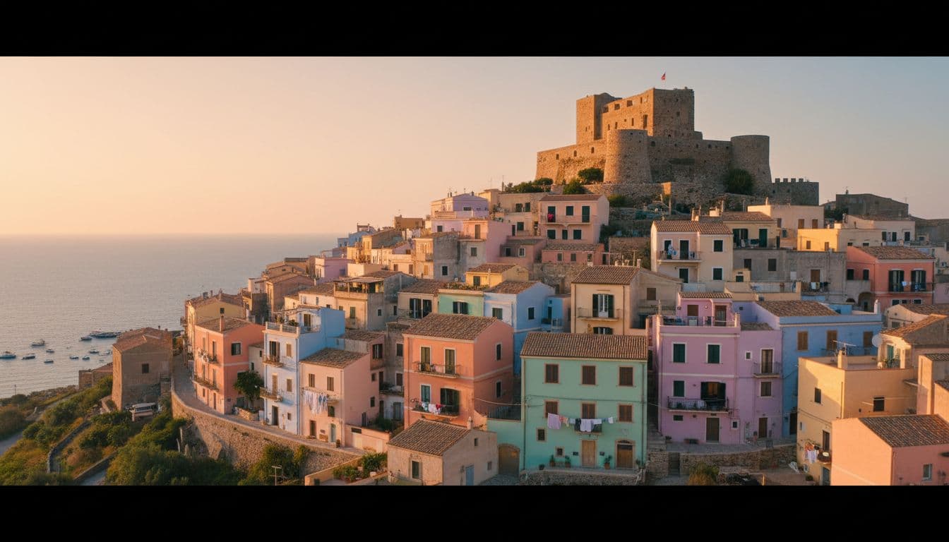 Colorful hilltop village with medieval castle and sea view