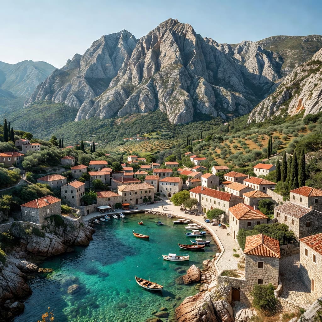 Scenic coastal Montenegro landscape featuring rugged mountains meeting the deep blue Adriatic sea under a bright clear sky.