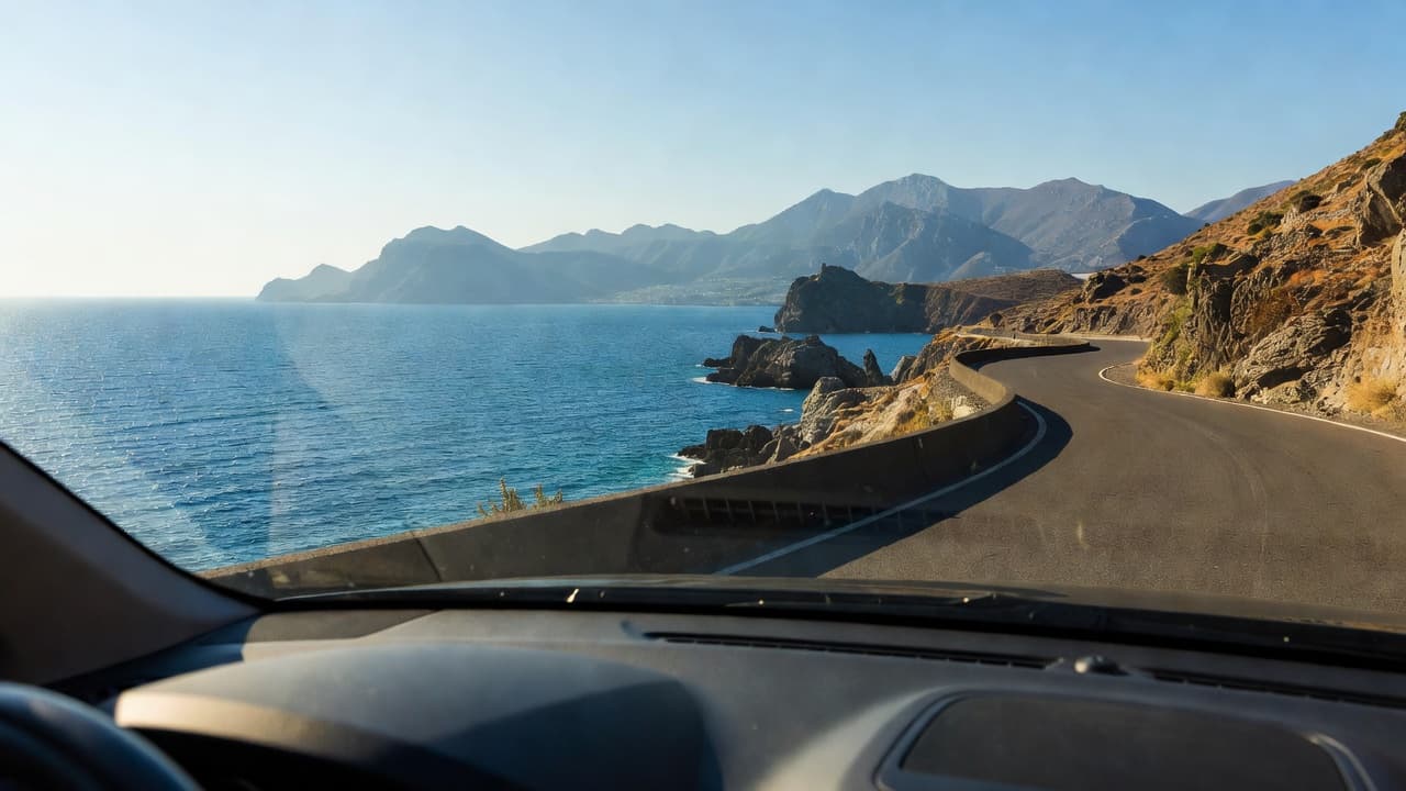 Scenic coastal road trip in Montenegro showing a winding asphalt road curving along the rugged coastline with verdant mountains and vibrant blue sea.
