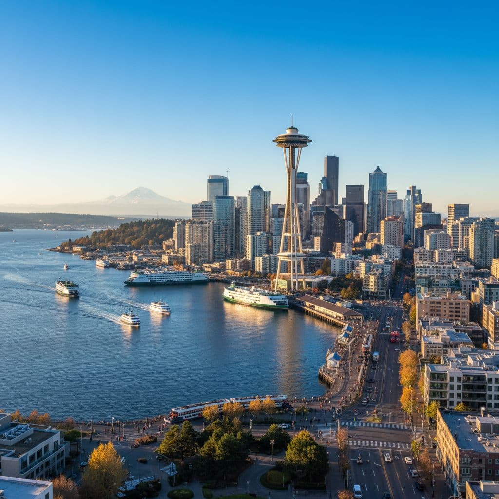 Seattle panorama with Space Needle and Mount Rainier, cozy December family getaway with lights and markets