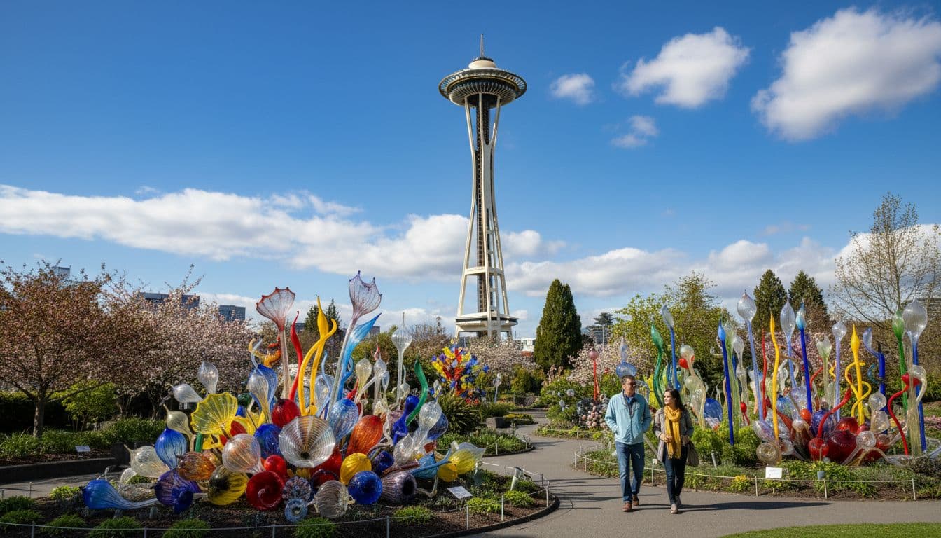 Space Needle and Chihuly Garden and Glass on a bright spring morning