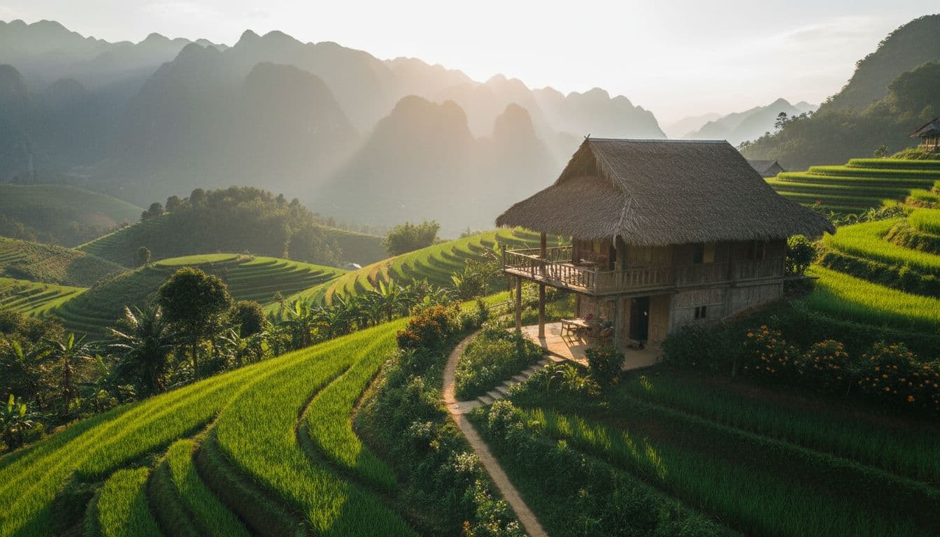 Single wooden bungalow on terraced hillside amid lush rice terraces with mist-covered peaks at golden hour.