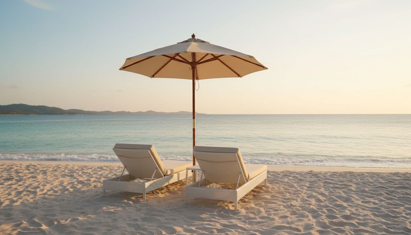 Two lounge chairs sit under an umbrella on a sandy beach overlooking a calm ocean.