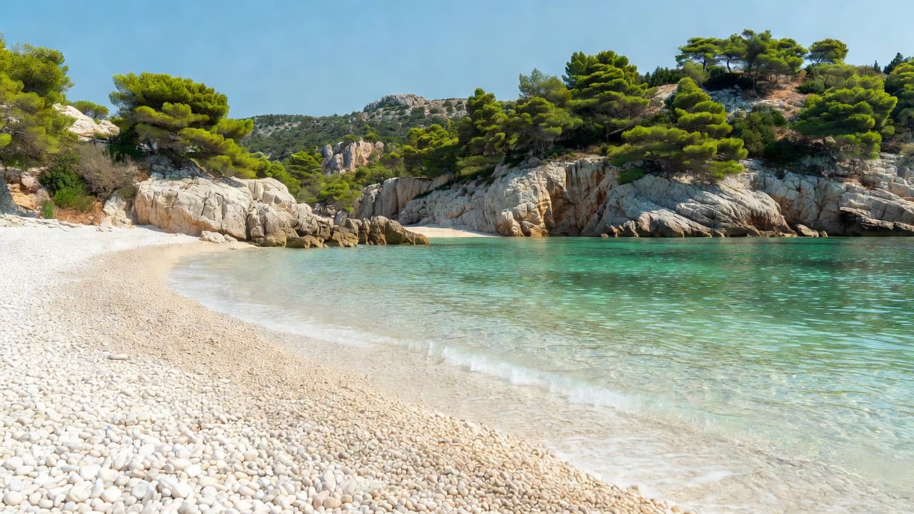 Sun-drenched white stones rest along the shoreline where turquoise waves gently arrive with lush green pine trees standing before rugged limestone cliffs.