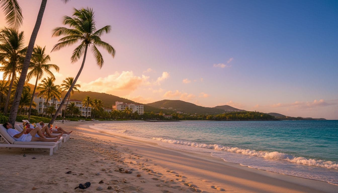 Sunset on a calm Caribbean shoreline near a luxury all-inclusive resort in 2026, with palm trees and golden light