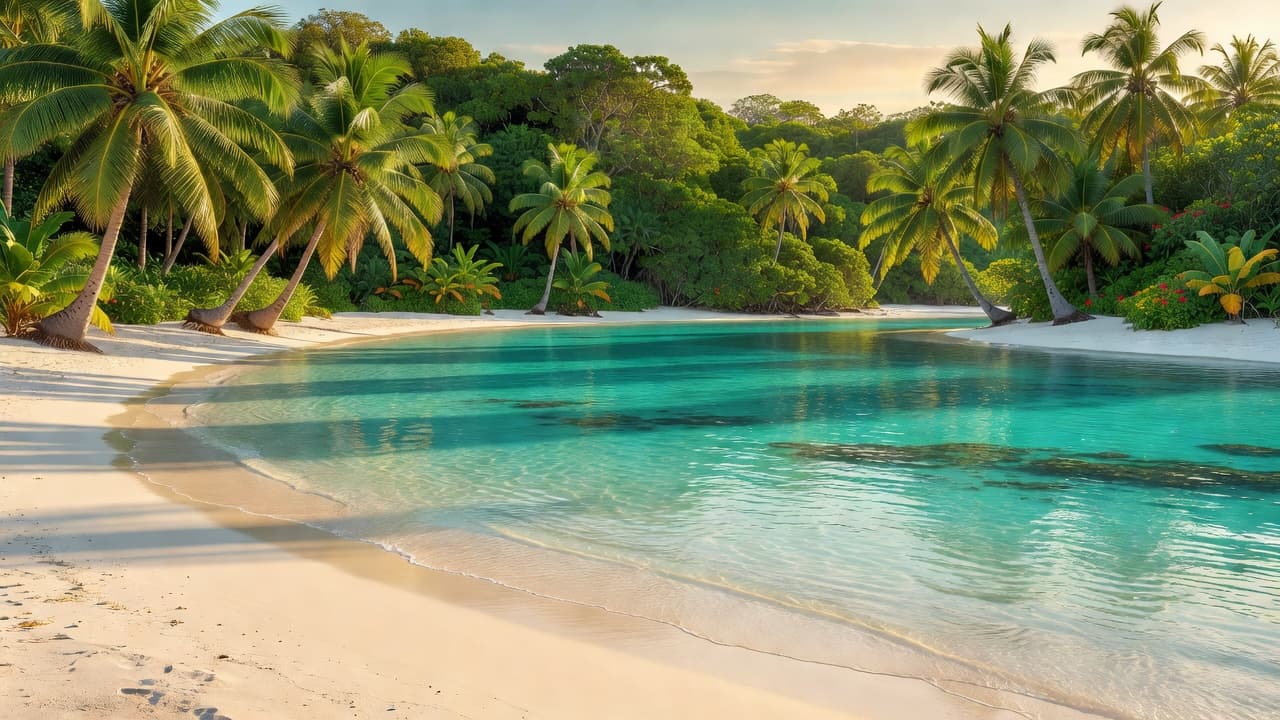Palm trees lean over a secluded beach with soft white sand meeting calm turquoise water and golden sunlight illuminating the tranquil cove.