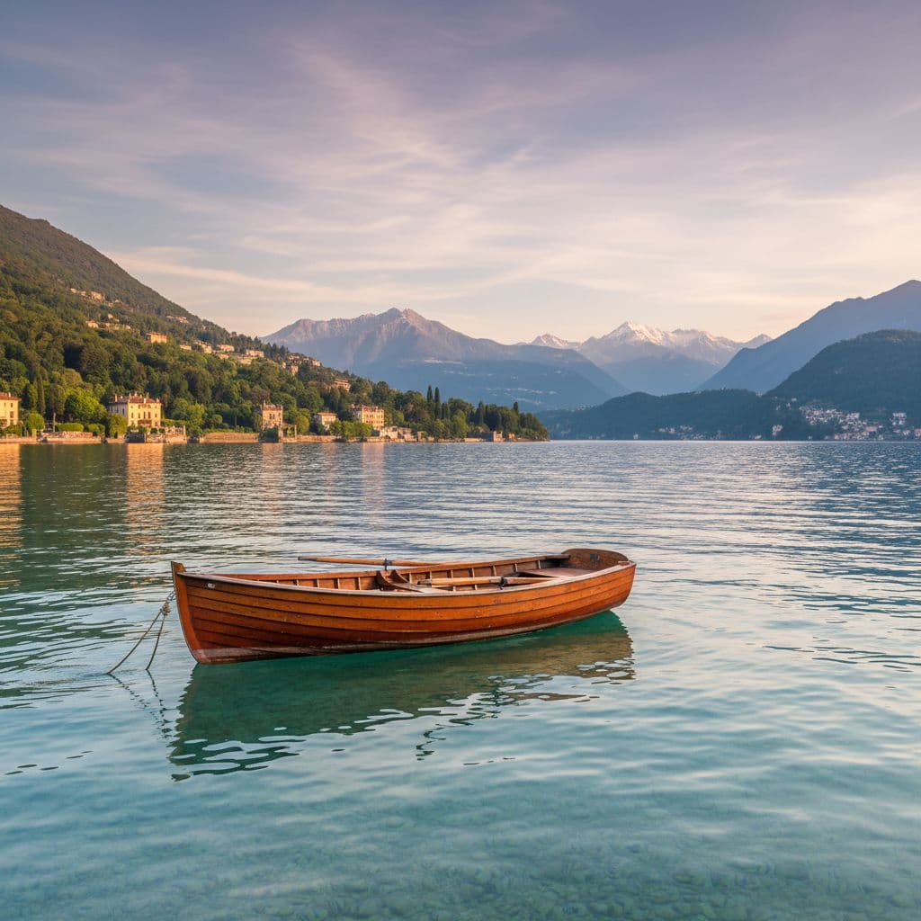 Serene scene of Lake Como with a wooden rowboat and pastel skies