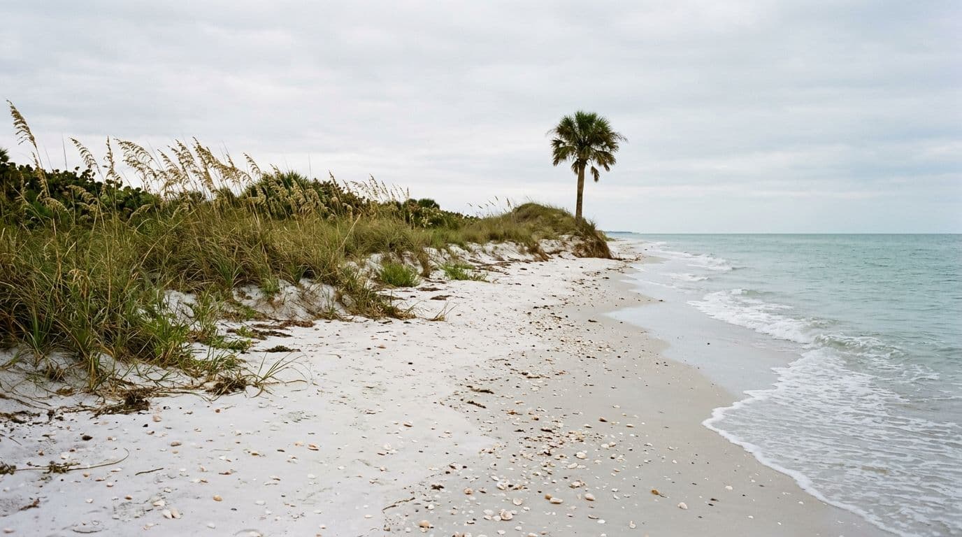 Quiet Manasota Beach in Florida features raw natural dunes with sea oats, soft white sand, gentle waves on the Gulf shore, scattered seashells, and a lone palm tree under an overcast sky, evoking a serene untouched vibe.