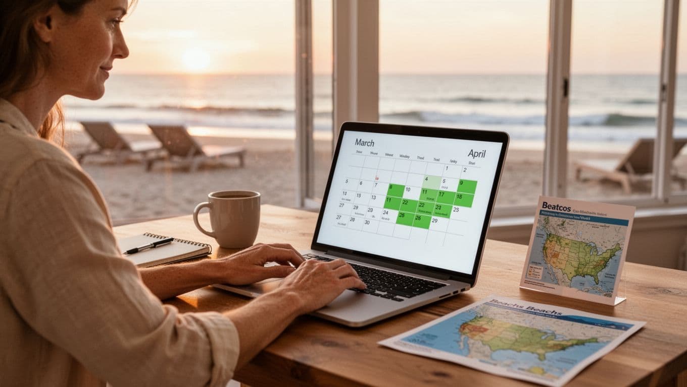 A relaxed adult at a wooden desk in a bright room overlooking a sunset beach, hands resting on a laptop showing a March-April calendar with green highlights, with a coffee mug, notebook, and US beach map nearby.
