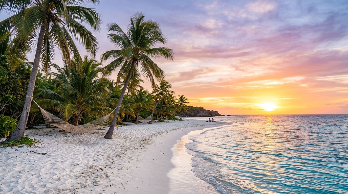 Empty tropical beach at sunset with palm trees, turquoise water, white sand, and hammocks - perfect for crowd-free spring break 2026
