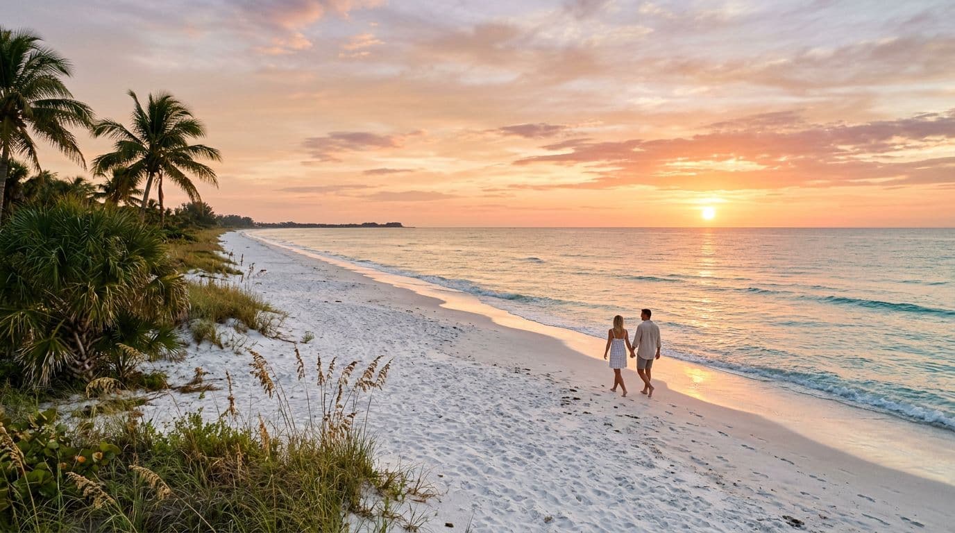 Pristine white quartz sand stretches to the horizon at Turtle Beach on Siesta Key, Florida, with calm turquoise Gulf waves lapping the shore. A couple walks barefoot along the waterline during golden hour sunset, under a warm orange-pink sky, evoking a peaceful empty beach vibe.