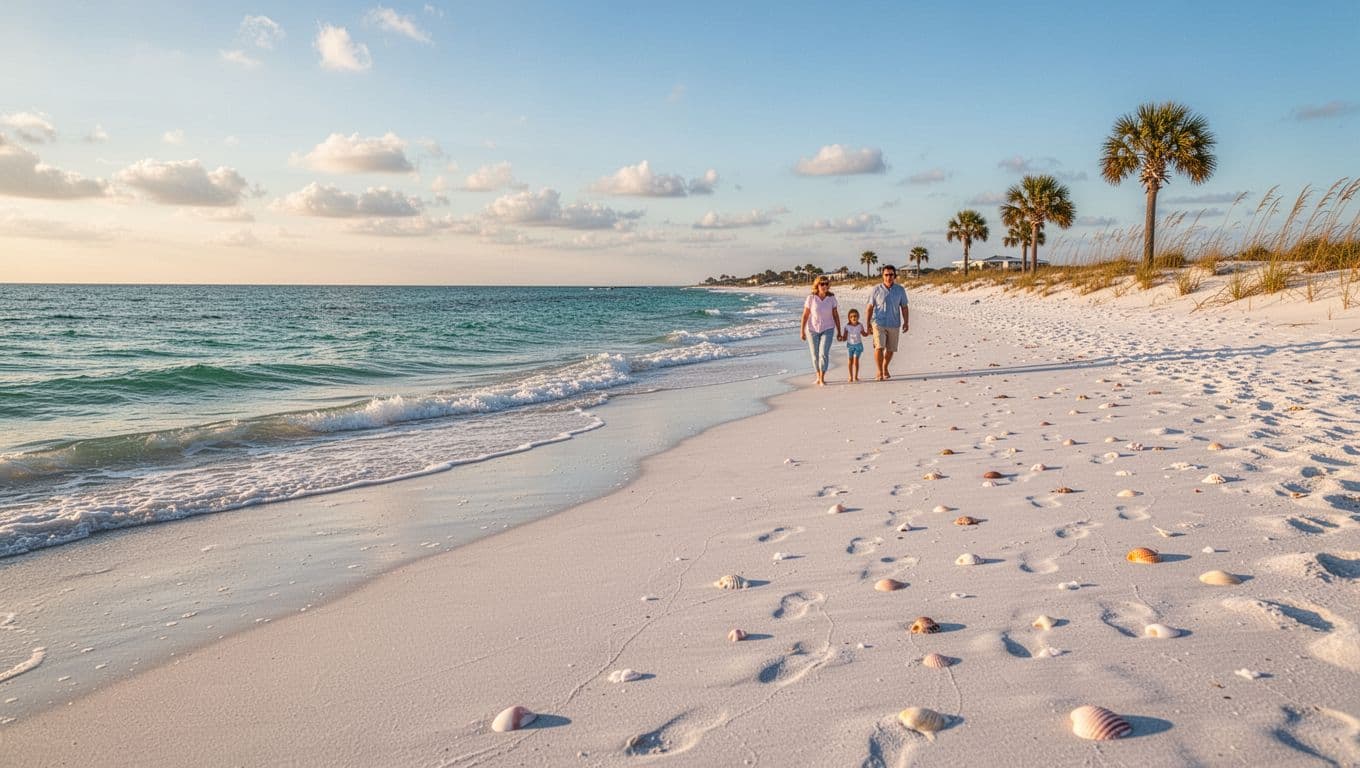 Photorealistic landscape of a serene empty white sand beach with calm turquoise ocean waves, seashells, gentle footprints, distant family of four walking relaxed along the shore, swaying palm trees, clear blue sky, and warm golden hour sunlight.