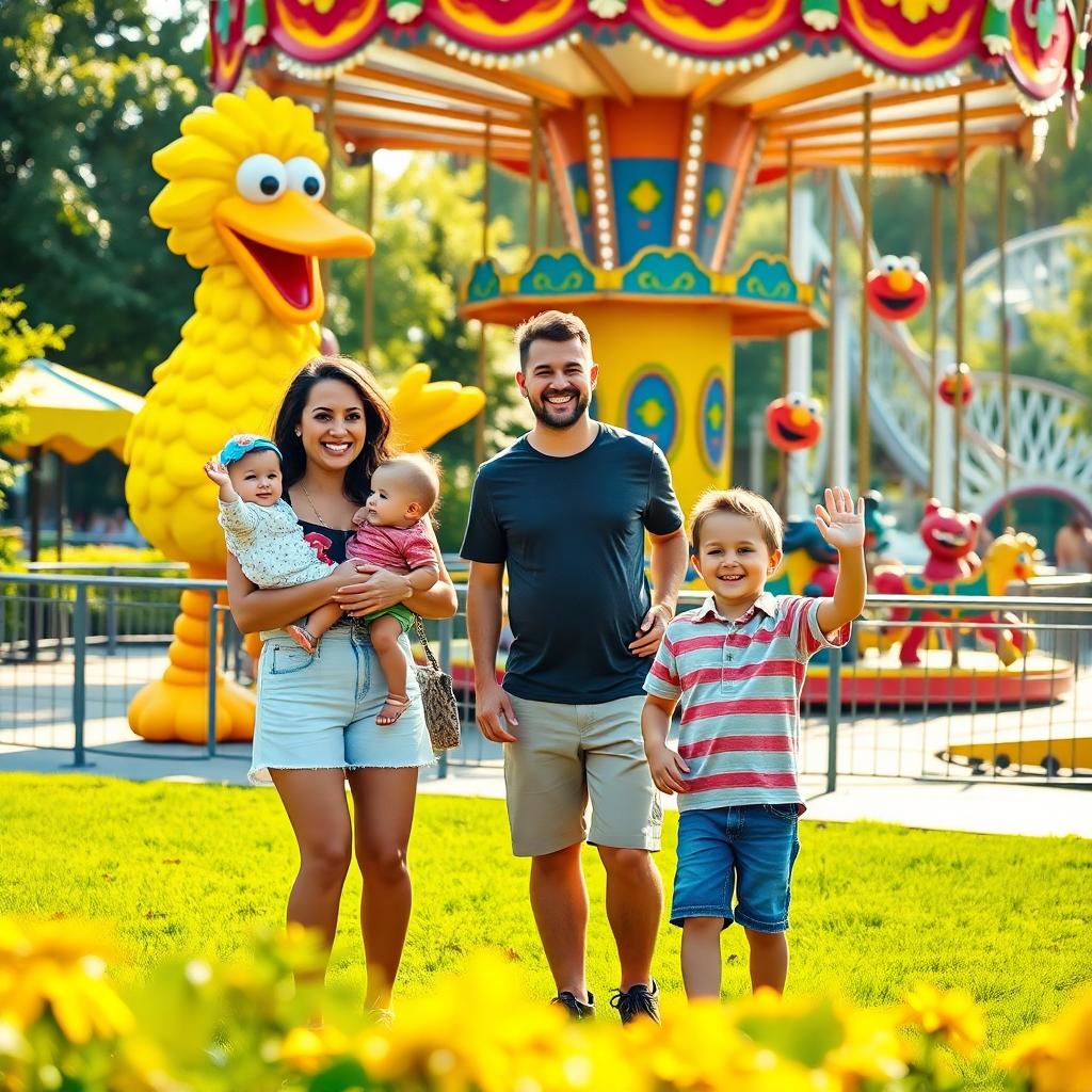A family posing for a photo with Big Bird at Sesame Place in Bucks County, surrounded by vibrant park attractions.