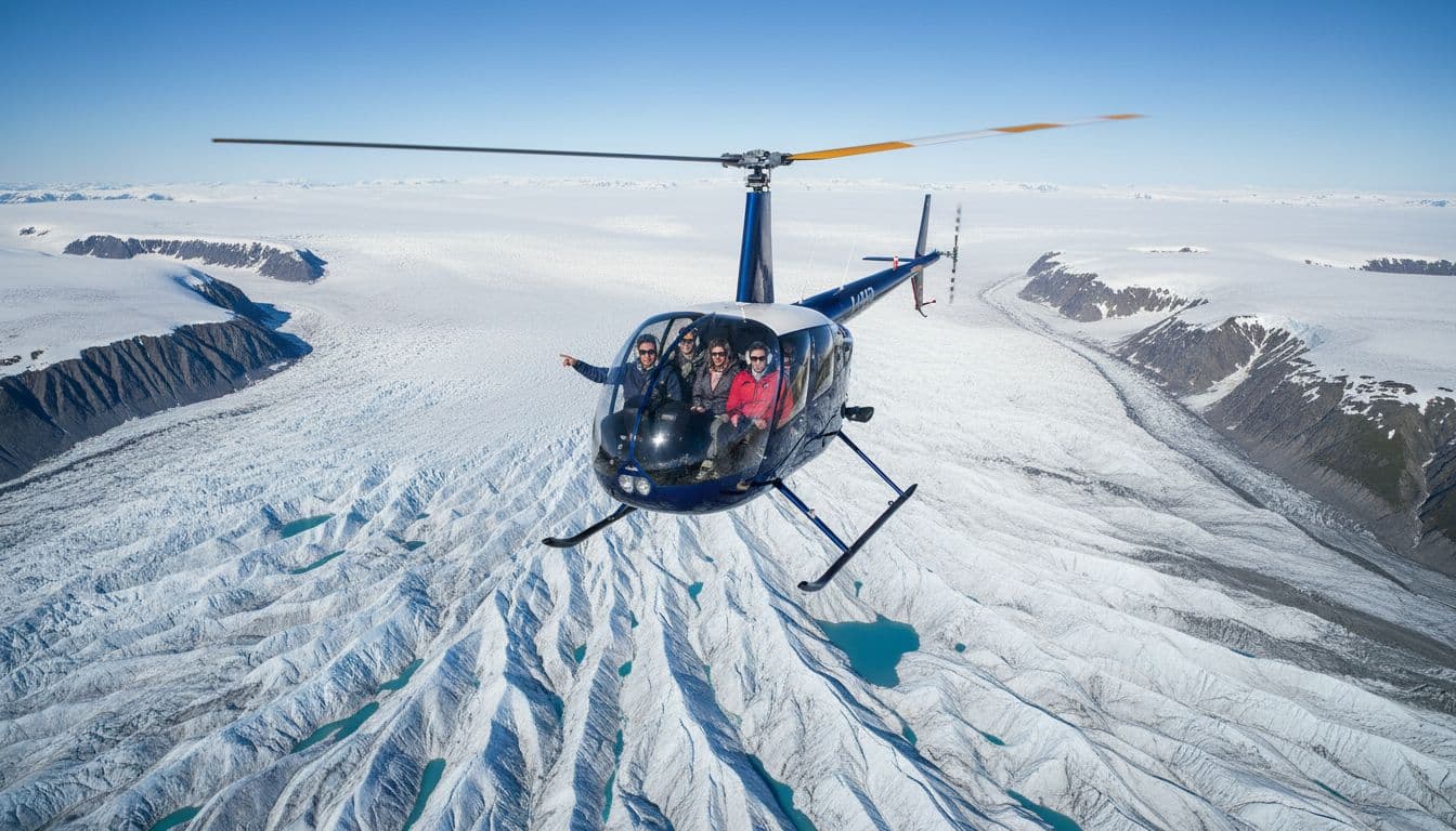 A helicopter hovers above a glacier in Skagway, Alaska mountains, with dramatic icy peaks and valleys below, and a small group of four tourists and the pilot visible inside the cockpit looking out under a clear blue sky.