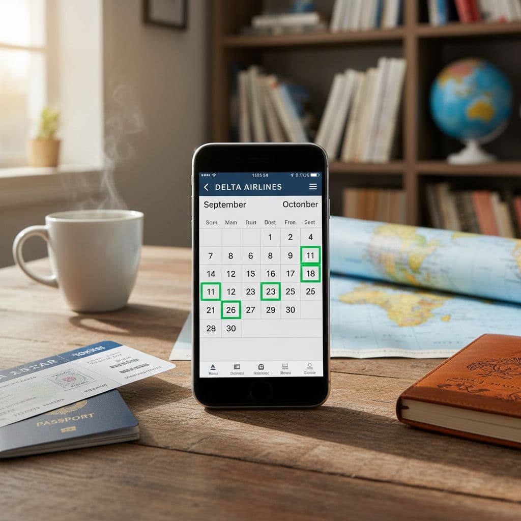 Smartphone showing airline fare calendar with September and October highlighted as cheapest months for Costa Rica flights