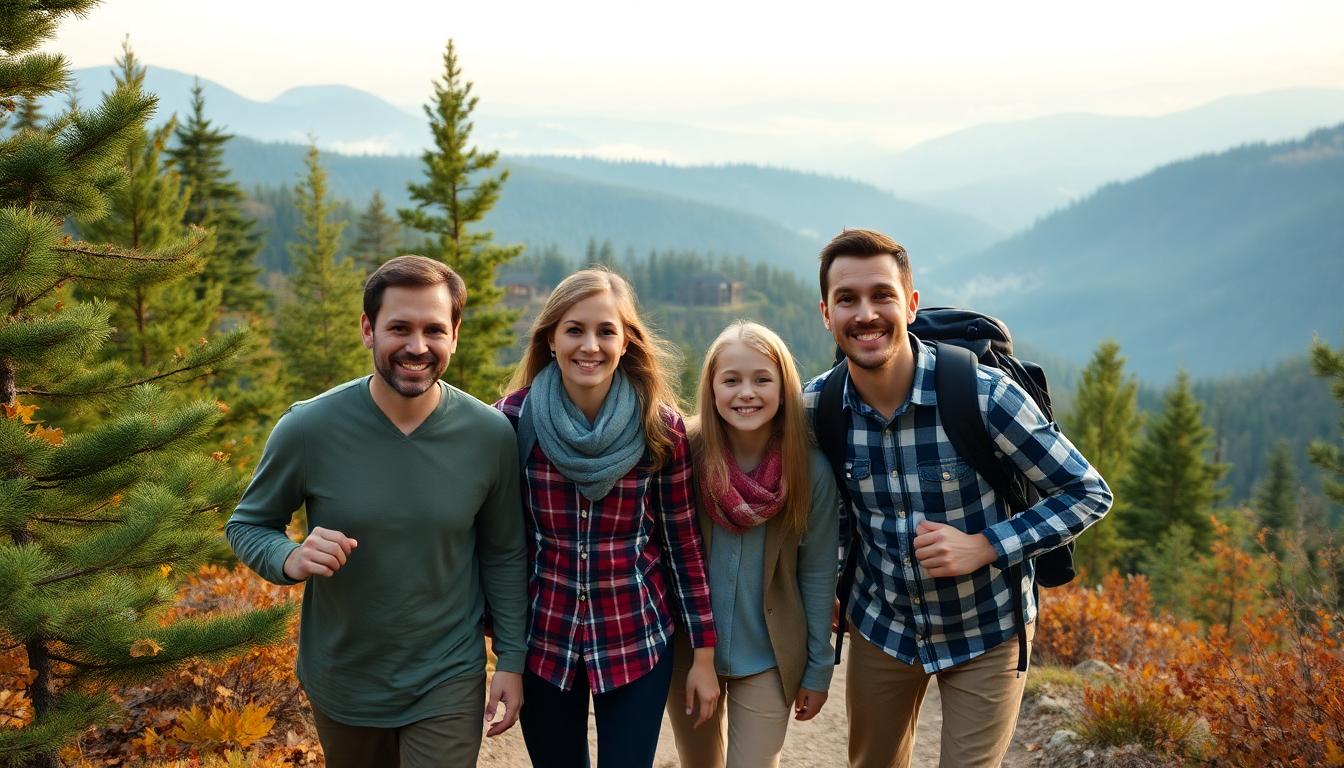 Smiling family hiking in autumn Smoky Mountains near a cabin, ideal for a budget family vacation Gatlinburg Smoky Mountains 2025