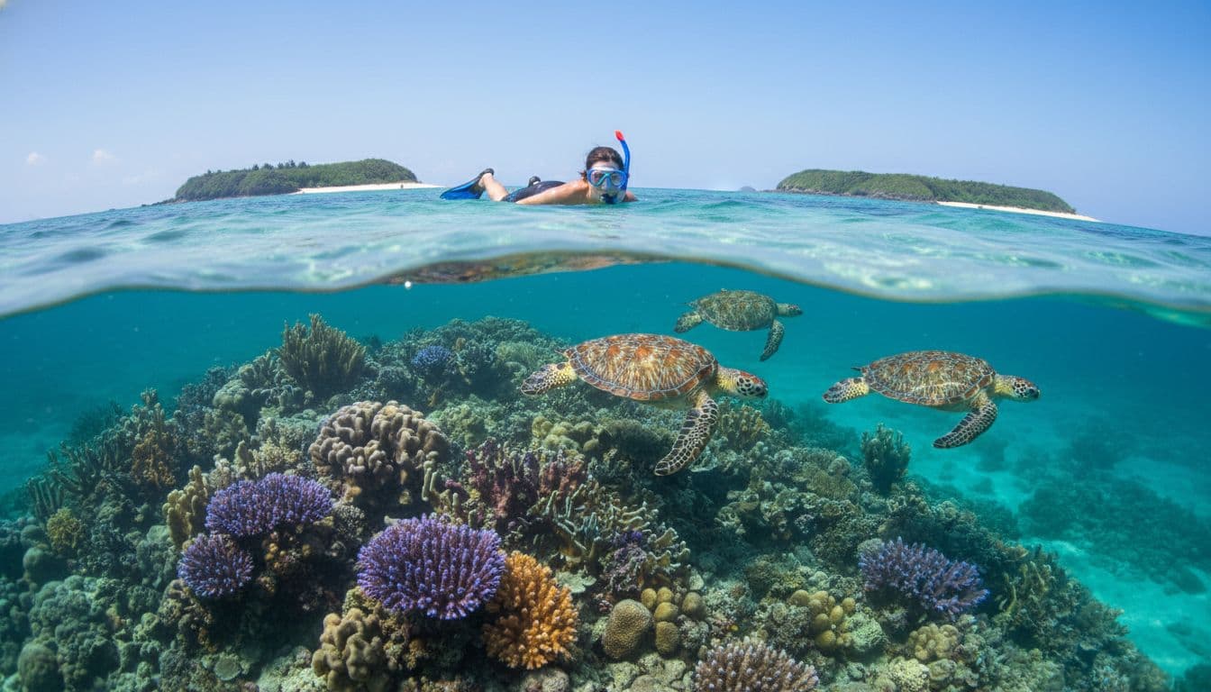 Snorkeler in turquoise Kerama waters with sea turtles