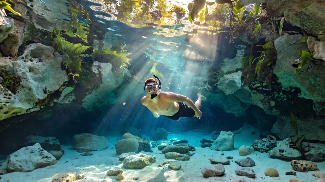 A lone snorkeler floats near the surface of a crystal clear limestone cenote with dramatic sun rays cutting through the deep blue water illuminating rocky formations.