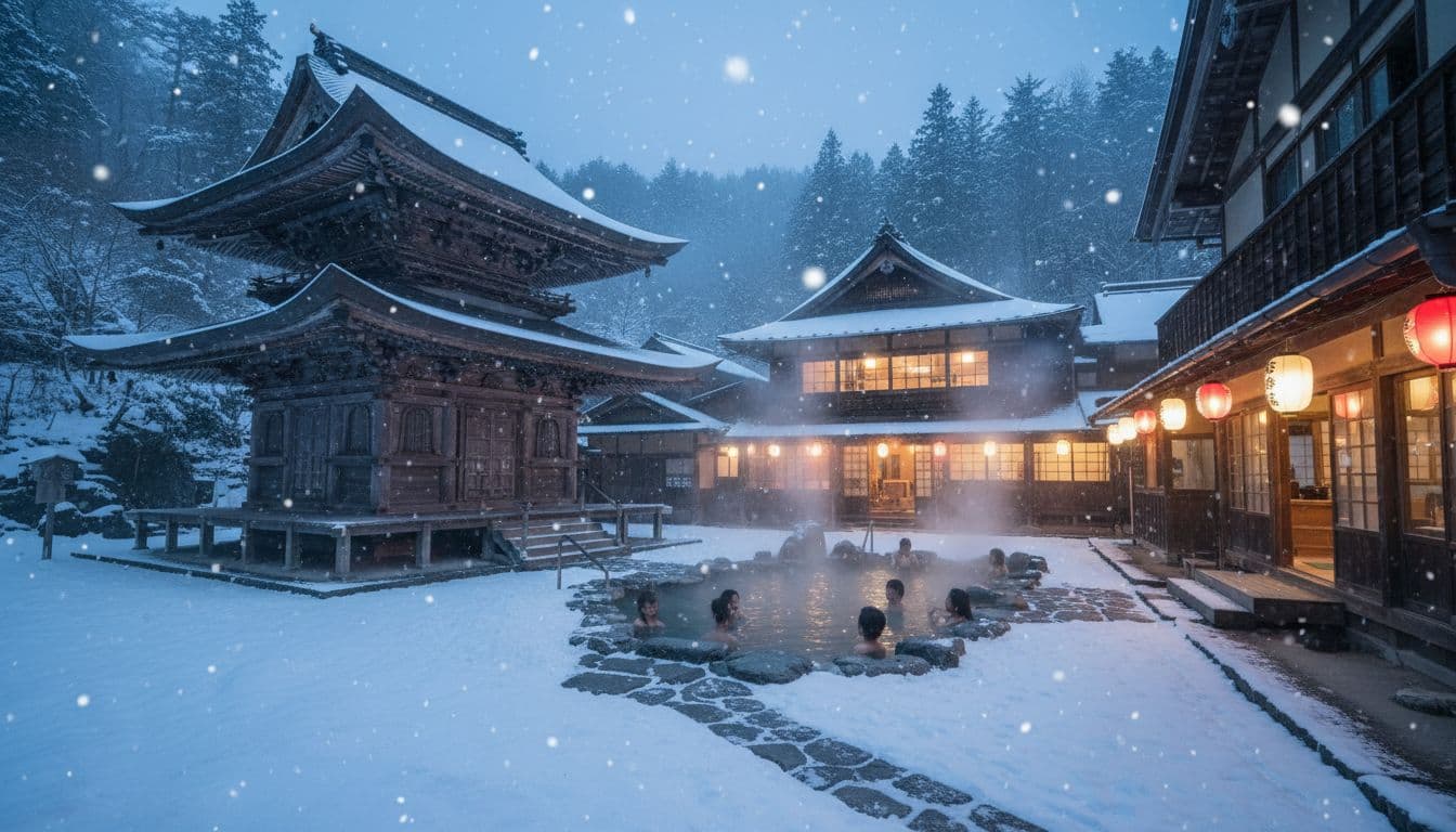 Snowy Japanese temple roofs and a steaming outdoor onsen beside a warmly lit traditional ryokan in winter, representing an all-inclusive Japan winter vacation 2026.