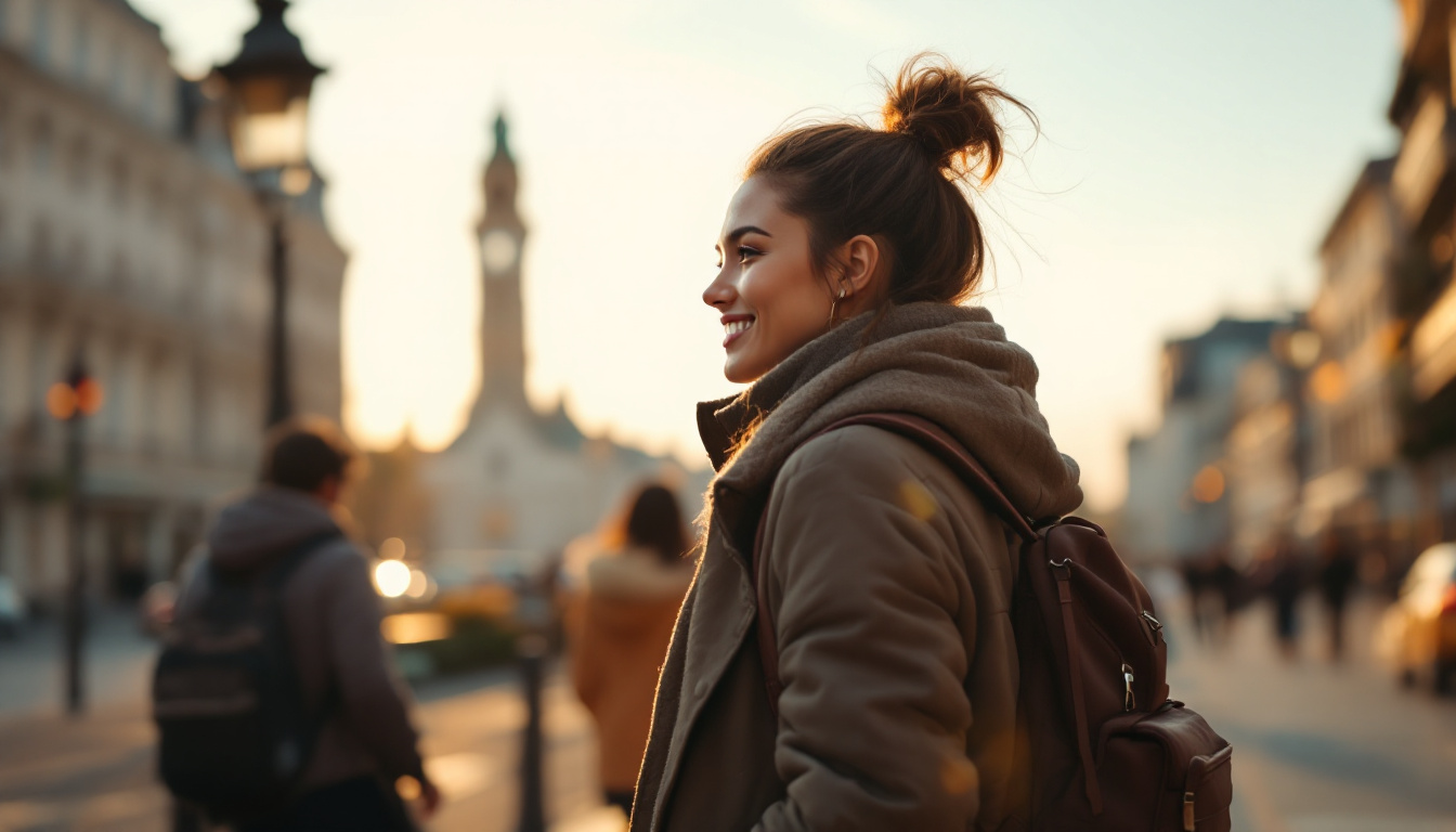 Confident solo female traveler with a small carry-on backpack walking through a sunlit European city street at golden hour, looking free and empowered.