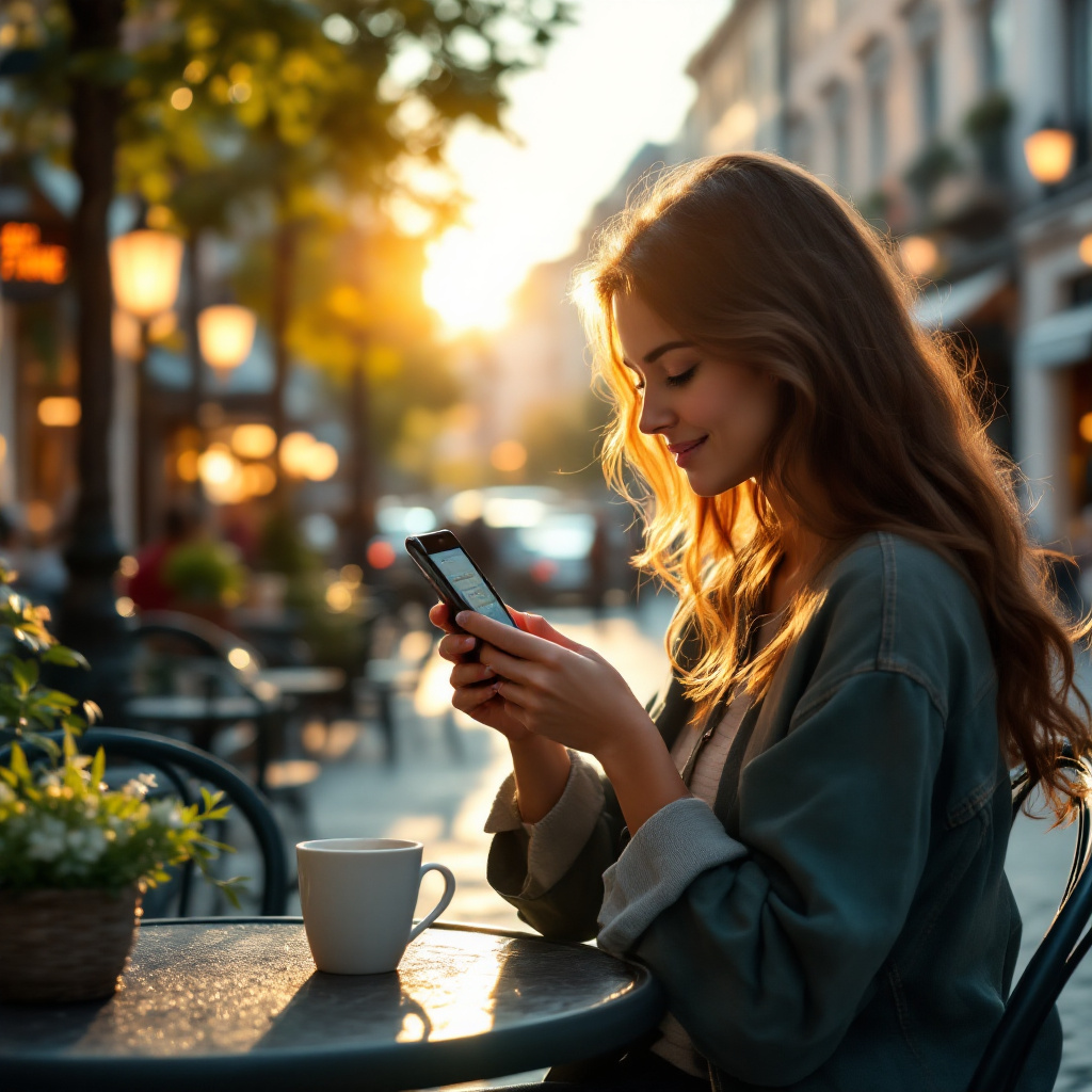 Solo female traveler using smart travel planning 2025 at urban café